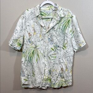 Caribbean Green and White Casual Button Down Shirt Tropical Shirt 60% Linen